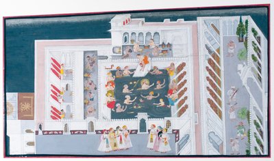 マハラナジャガットシンII宮殿のプールで戯れる、c.1746-50（不透明なトイレと紙の上の金） 作： Indian School