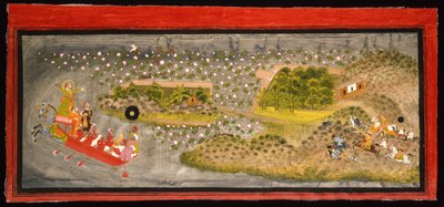 マハラナジャガトシンIIホーキングとイノシシ猟、1740年頃（不透明なw - c、紙に銀と金、アルバムページにマウント） 作： Indian School