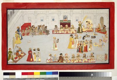 マハラナサングラムシンとその子供たちと廷臣たち、1715年頃（紙に不透明なトイレと金、アルバムページにマウント） 作： Indian School