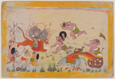 マハスラは、分散したデビマハトミアシリーズのフォリオであるデビを攻撃します。c.1770-80（紙のトイレ） 作： Indian School