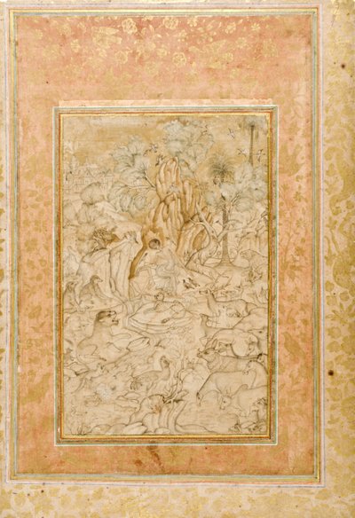 荒野のマイヌン、1595年頃（不透明なトイレと紙の上の金） 作： Indian School