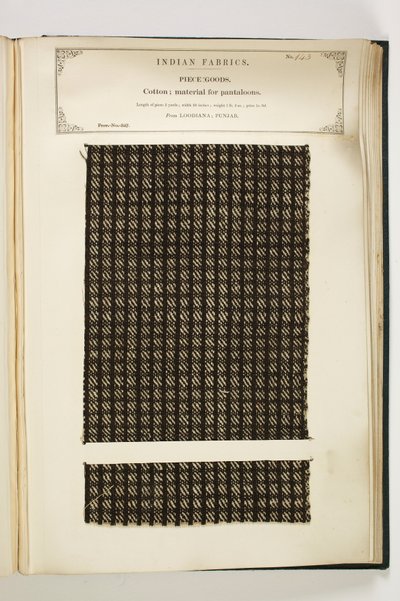 1866年に出版されたジョンフォーブスワトソンによる 『インドの繊維製造業者のコレクション』からのパンタロン、ルーディアナ、パンジャブ、ピースグッズの資料 作： Indian School