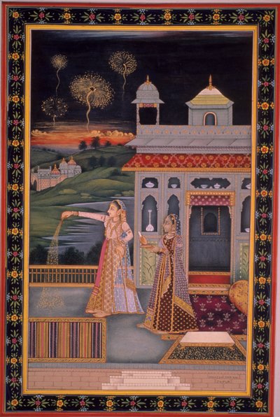 ディワリ祭を祝う女性の細密画、インド（紙に水彩画） 作： インドの学校