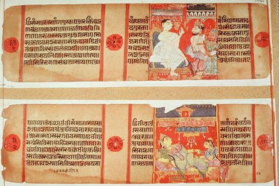 Ms 55 65 fol.90 グジャラート派の「Kalakacharya Katha」の2ページ（紙にグワッシュ） 作： Indian School
