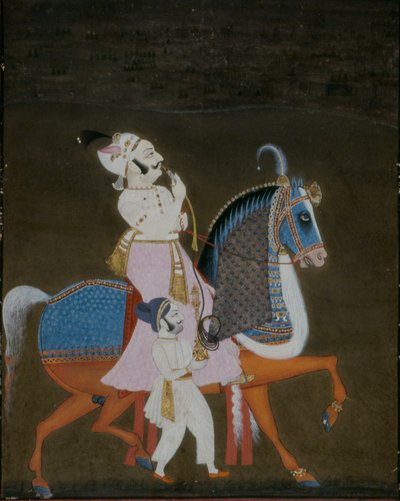 1820年に徒歩で係員を乗せてムリガラオに乗ったメワールの貴族 作： Indian School