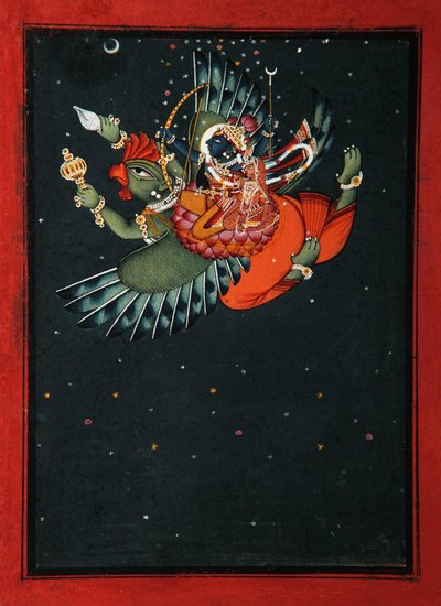 ガルーダの翼：クリシュナとサチャバマが夜空を飛ぶ、c.1750（不透明なトイレと紙の上の金） 作： Indian School