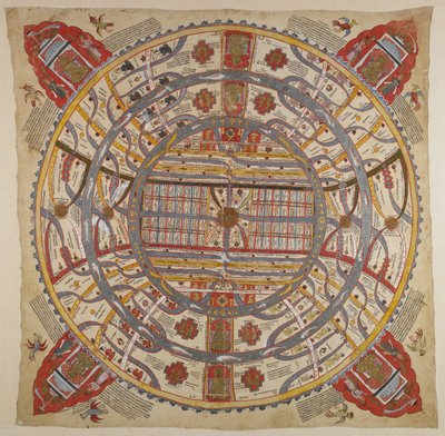 または 13937 f.1 宇宙図、サンスクリット語とグジャラート語のテキスト (布に水彩) 作： Indian School