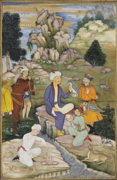 狩りの最中のピクニック、1615年頃（紙に不透明なトイレ） 作： Indian School