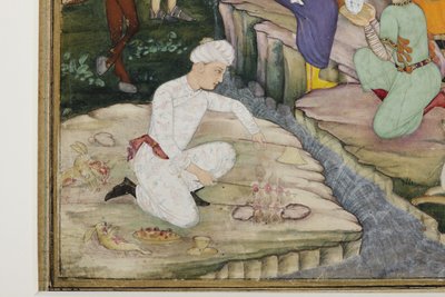 狩りの最中のピクニック、詳細、c.1615（紙に不透明なトイレ） 作： Indian School