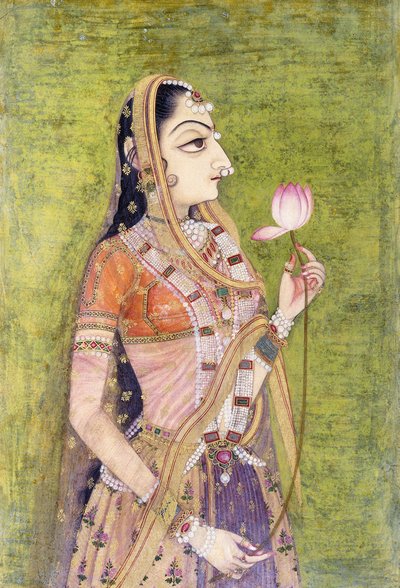蓮の花を持つ女性の肖像、c。 1740-1750 作： Indian School