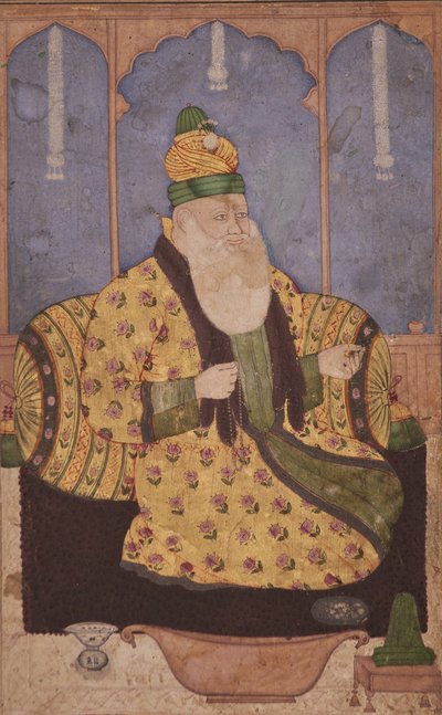 スーフィーシェイクの肖像、1670年頃（紙に不透明なトイレと金） 作： Indian School