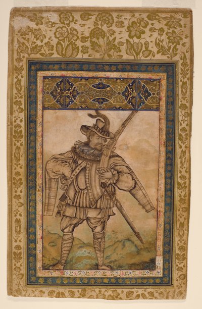 ポルトガル海軍大将アルバカーキの肖像、c.1615（不透明なトイレと紙に金） 作： Indian School