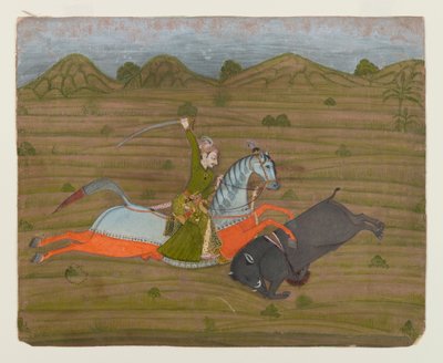イノシシの狩猟王子（ミニチュア絵画）、1765年（紙に不透明なトイレと金） 作： Indian School