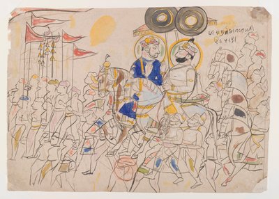 コタのラージャラムシンIIとウダイプールのラムキシャンシン、1850年頃（紙にインクと色）cm） 作： Indian School