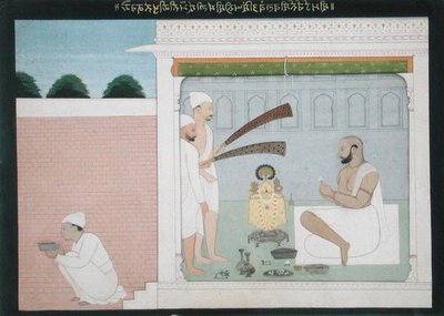 プージャを行うラジャ・ブルワント・シン、1750年頃（紙に墨・彩色刷り 作： Indian School