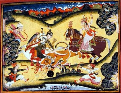 ライオンを殺すラージプートの王女たち ブンディ派 1810-20年頃 （紙にグワッシュ） 作： Indian School