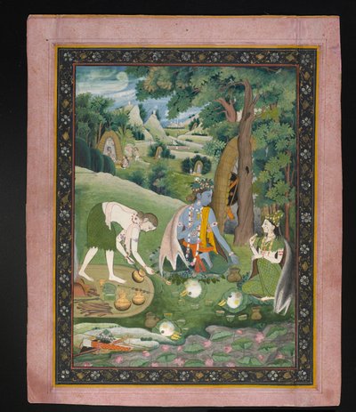 ラーマ、ラクシュマナ、シータの荒野での料理と食事、1820年頃（紙に金を塗ったガッシュ） 作： Indian School