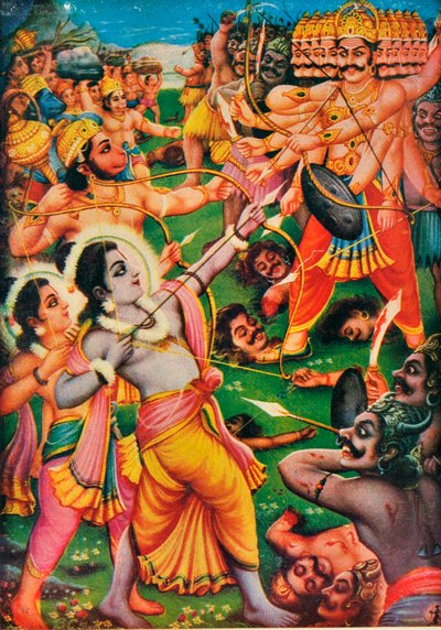 ラーマーヤナからのシーン、悪魔ラーヴァナと戦うラマとハヌマン 作： Indian School
