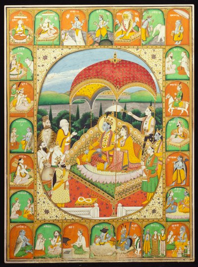 シマ、ハヌマーンなどが崇拝したラーマとシータの即位、1800年から20年 作： Indian School