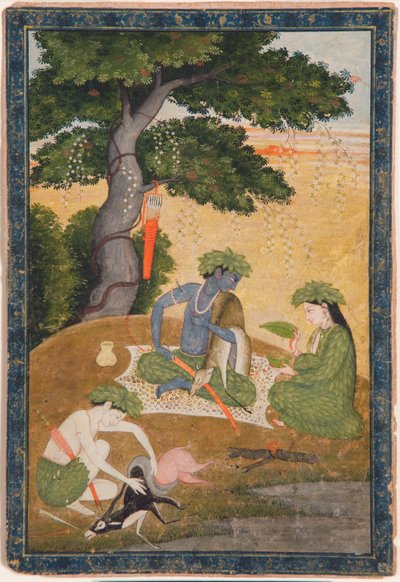 ラーマヤ、1790年頃、森の中にシータとラクシュマナがいるラーマ（不透明なトイレと紙に金色） 作： Indian School