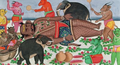 ラーマーヤナのシーン：冬眠で王子を目覚めさせる悪魔のグループ（ガッシュと紙のトイレ） 作： Indian School