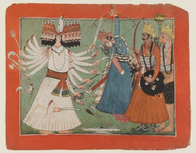 ラーヴァナがラーマの軍隊に挑む、1750年頃（紙に不透明な水彩画） 作： Indian School
