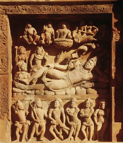 ヴィシュヌ神殿から、ビシュヌが蛇のセシャに横たわる浮世絵、紀元500年頃 作： Indian School