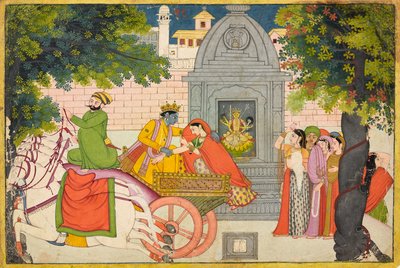 1780年頃、バガヴァタプラーナのフォリオ、クリシュナと一緒に逃げるルクミニ 作： Indian School