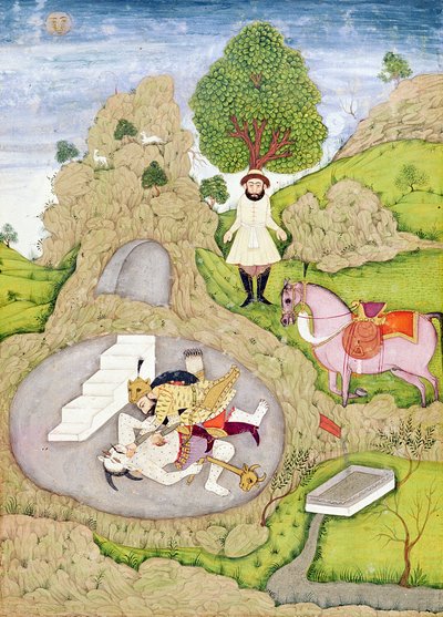 巨大なクライヴアルバムのアブシャルカシムマヌールフィルダウシ（c.934-c.1020）作の「Shahnama」（Books of Kings）のロスタムがホワイトデーモンを殺す 作： Indian School
