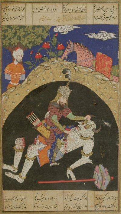 ロスタムは、1590年にデカン地方から、アブルカシムマヌールフィルダウシ（c.934〜c.1020）によって、Shahnama（Book of Kings）からのイラストであるマザンダランの白い師団を殺害しました。 作： Indian School