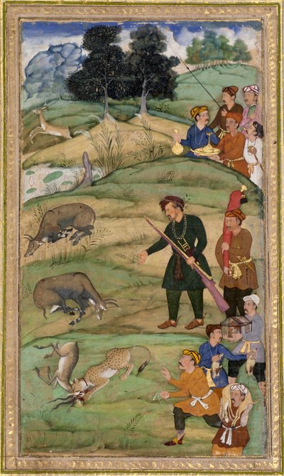 サリム、ライフルを持って死んだニルガイに身振りをする、1600年頃（紙に不透明なトイレと金） 作： Indian School
