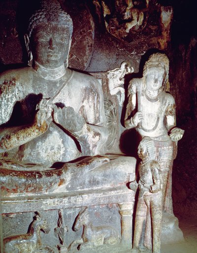Caitya Hall of Cave 10から、最初の教えジェスチャーをする仏像 作： Indian School