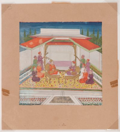 噴水の前に座る人物と付添人（紙に不透明なトイレ） 作： Indian School