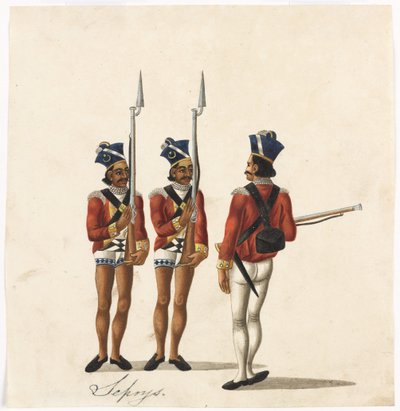 セポイとインド人将校、ベンガル軍、1815年頃（水彩・紙 作： Indian School