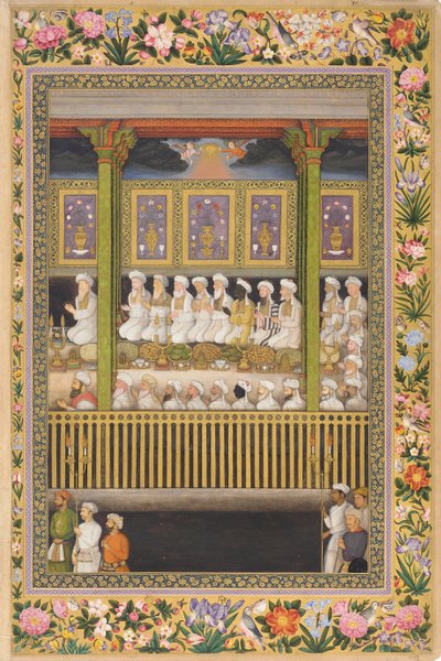 Shah Jahanが宗教正教会を称える、サンクトペテルブルクアルバムのページ、1635年頃（不透明な水彩画と紙の上の金） 作： Indian School