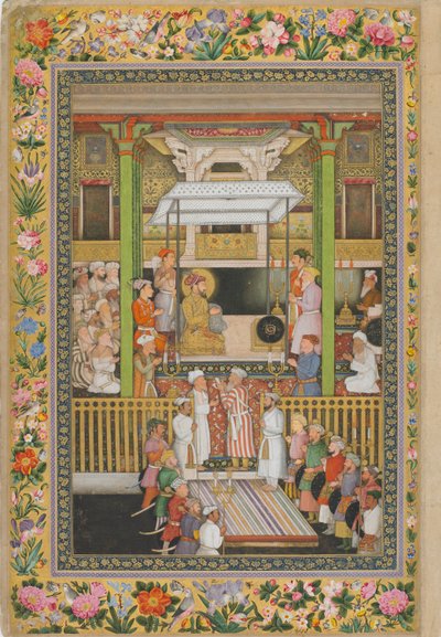 Shah Jahanが宗教正教会を称える、サンクトペテルブルクアルバムのページ、1635年頃（不透明な水彩画と紙の上の金） 作： Indian School