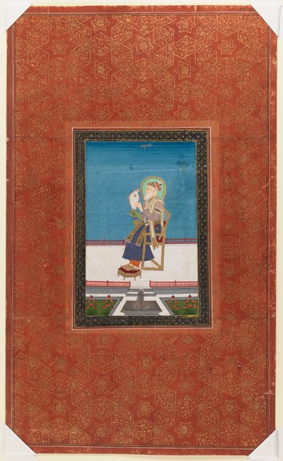 ファルコンを身につけたシャージャハン、1875-1900年（不透明なトイレと紙に金色） 作： Indian School