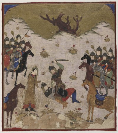 Shahruは、RustamとBurzuの間の最後の戦闘で、BurzuをRustamの孫として識別します。c.1425-50（不透明な水彩画と紙に金） 作： Indian School