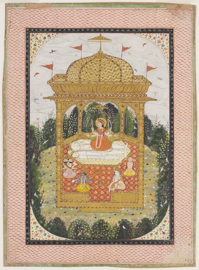 寺院でのシヴァと他の神々とのシャクティ、1780年頃（ガッシュと紙に金箔） 作： Indian School