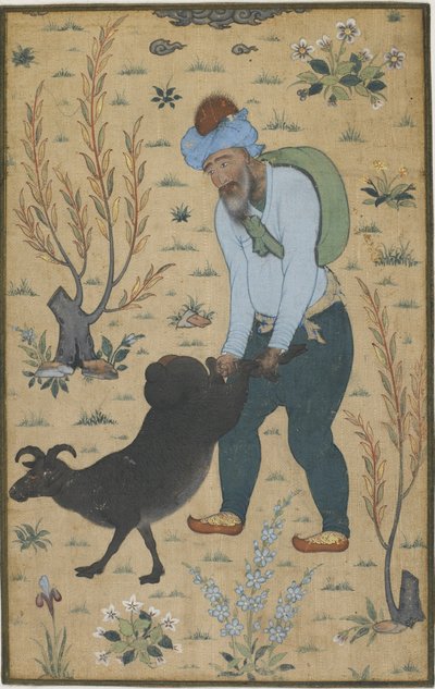 羊飼いと山羊、ムガール朝（綿の色） 作： Indian School