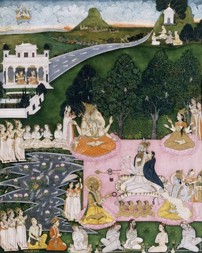 シヴァは虎の皮に座って、マントに包まれたデヴィを抱きます。c.1760 作： Indian School