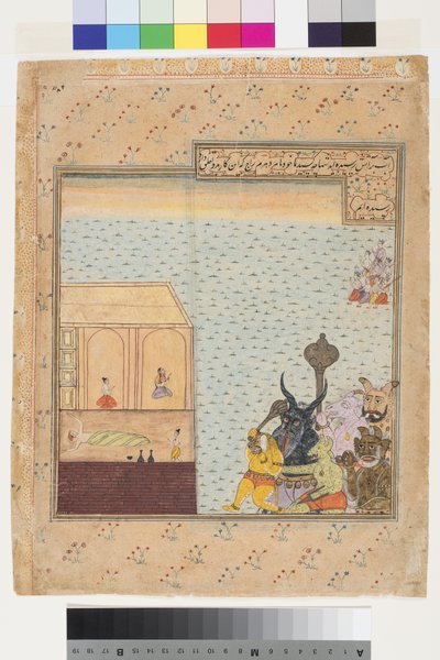 6人の悪魔と9人の神が男の眠る家に近づく、c.1625 作： Indian School