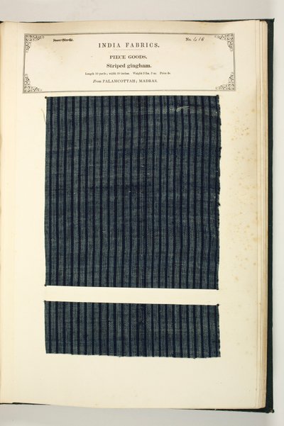1866年に出版されたジョンフォーブスワトソンによる「インドの繊維製造業者のコレクション」からのストライプギンガム、パラマンコタ、マドラス、ピースグッズ 作： Indian School