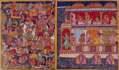 「ラーマーヤナ、ウッタラ・カンダ」1653年（ベラム）より、スケシャの息子たちは戦いの準備をしている 作： Indian School