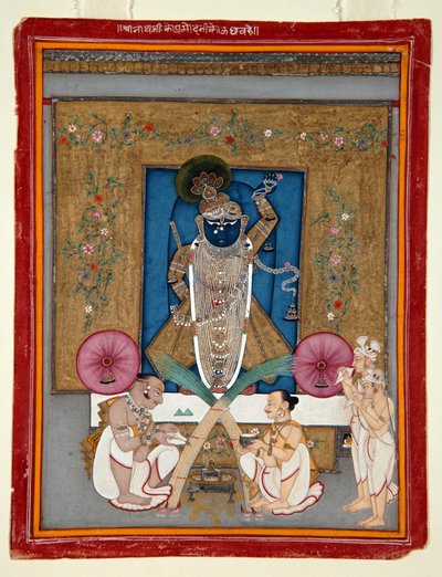 クリシュナの礼拝シュリナートジー、1800-25（紙に不透明なトイレと金） 作： Indian School