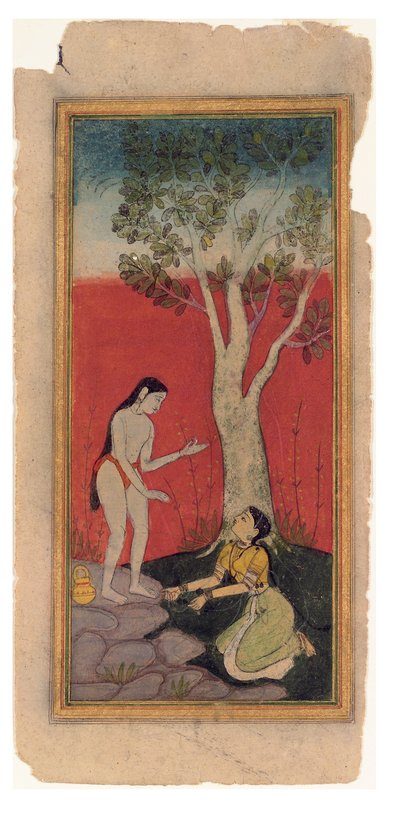 賢者に嘆願する天体のニンフ、1600年頃（紙に不透明なトイレと金） 作： Indian School