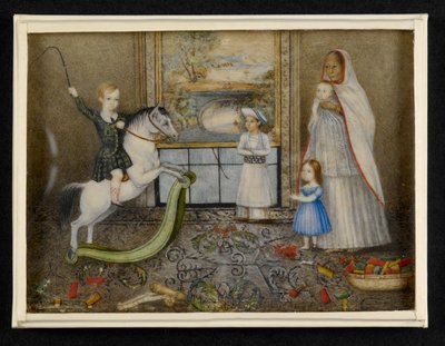 サー・ジョンとレディ・ログインの子供たちとアヤとインディアンの遊び仲間、1846年頃（象牙に水彩） 作： Indian School