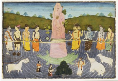 牛乳の海の攪拌、1700年頃（不透明なトイレと金色） 作： Indian School