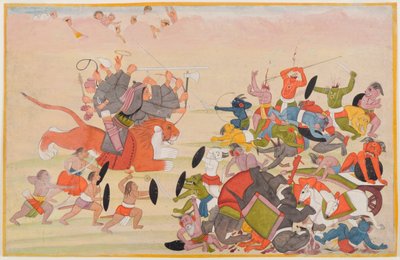 Deviは、分散したDevi MahatmyaシリーズのフォリオであるMahishasura、c.1770-80（紙のトイレ）を破りました。 作： Indian School