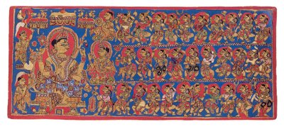 インドラの天国の裁判所、「Devasanaparo Bhandar」Kalpasutra、c.1475（不透明な水彩画と紙に金） 作： Indian School